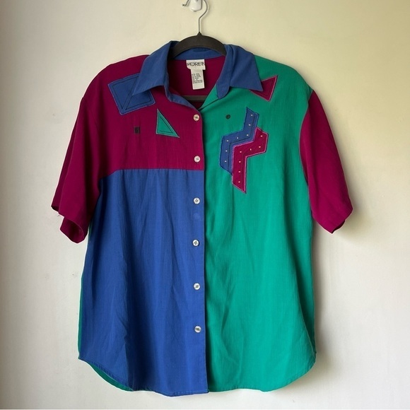 Koret Tops - Vintage 90s Koret Colorblock Embroidered Short Sleeve Button Front Shirt S